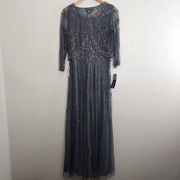 NWT Pisarro Nights Beaded Sequin Mesh Gown with Matching Jacket - Grey (Size 10) - Picture 4 of 16
